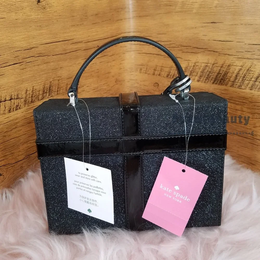 NWT Kate Spade Wrapping Party Gift Box Black Glitter Leather Crossbody Bag